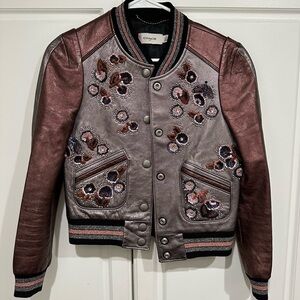 Rare Coach Shrunken Leather Varsity Jacket In Metallic Brown size 2